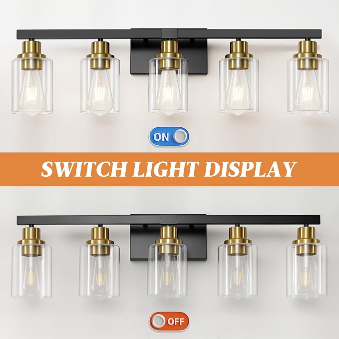 5-Light Black and Gold Bathroom Vanity Light, Bathroom Light Fixtures, Wall - Image 6