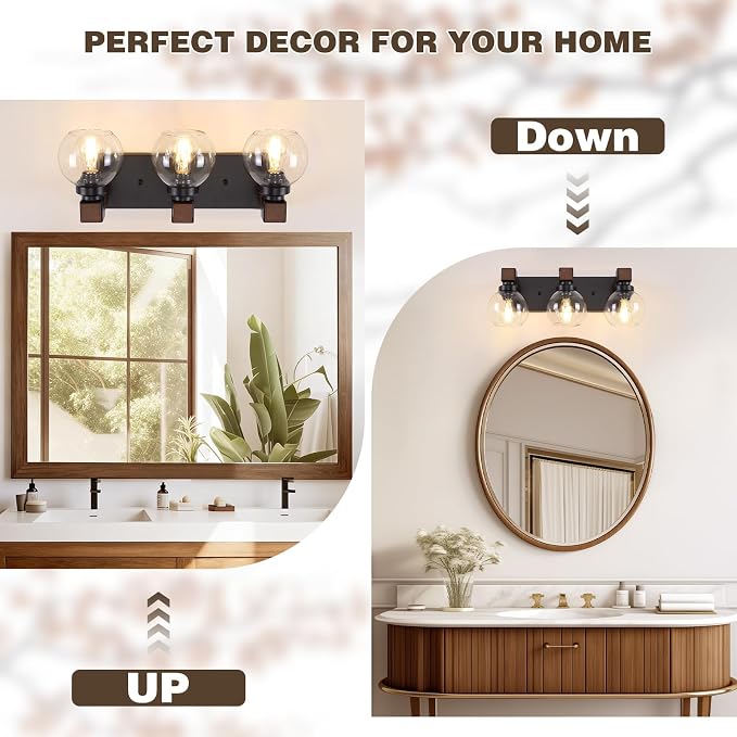 Farmhouse Bathroom Light Fixtures, 3-Light Rustic Wood Bathroom Lights Over - Image 4