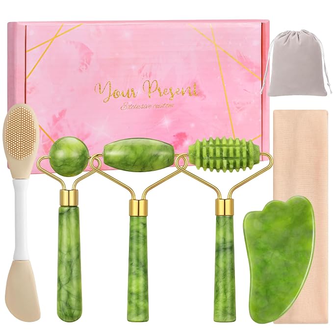 6Pcs Jade Roller for Face, Gua Sha Facial Tools for Women Natural Face Roller by hairchrysm