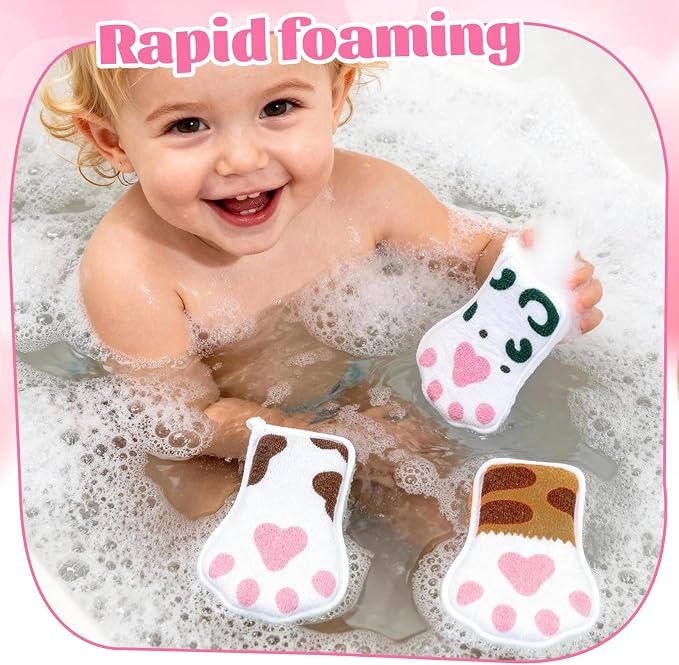 Baby and Kids Bath loofah Sponge, Easy Grip Cute Cat Paw Design Kids Body - Image 3