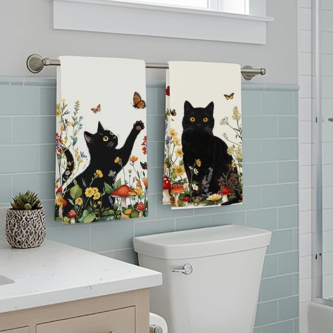 Accnicc 2 Pack Black Cat Bathroom Hand Towels Decorative Spring Floral Dish - Image 5