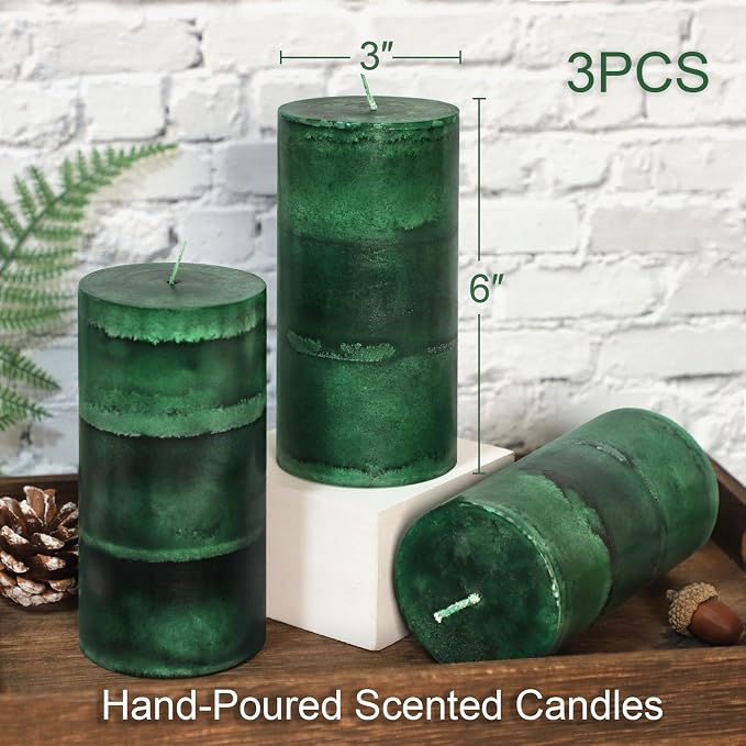 Dark Green Pillar Candles 3x6 Inch Fir Scented Candles Hand-Poured Long Lasting - Image 4