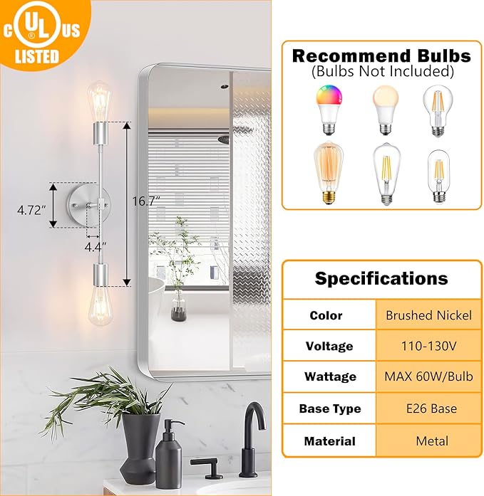 FadimiKoo 2-Light Brushed Nickel Bathroom Vanity Light - Image 2