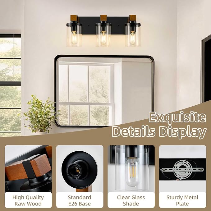 3-Light Farmhouse Bathroom Light Fixtures, Rustic Sconces Wall Lighting - Image 3