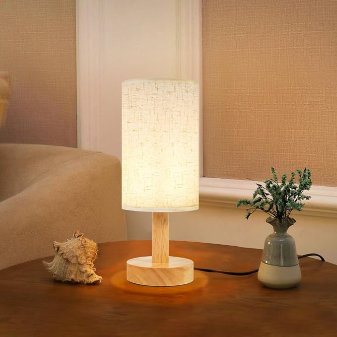 Small Bedside Table Lamp for Bedroom, Natural Round Wood Base&Fabric Linen Shade by SEENSINY