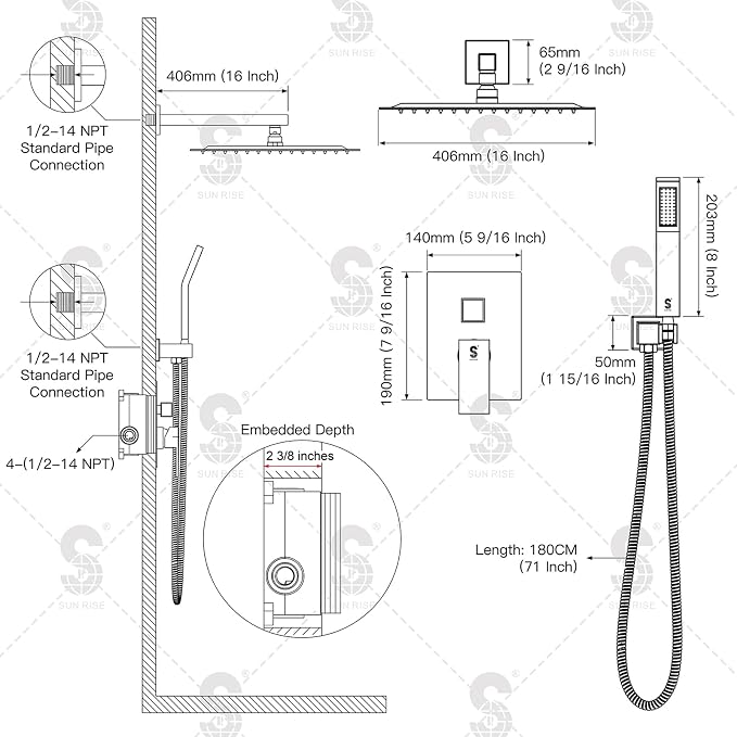 SR SUN RISE Polished Chrome Square Rainfall Shower Head and Handle Set - Image 6