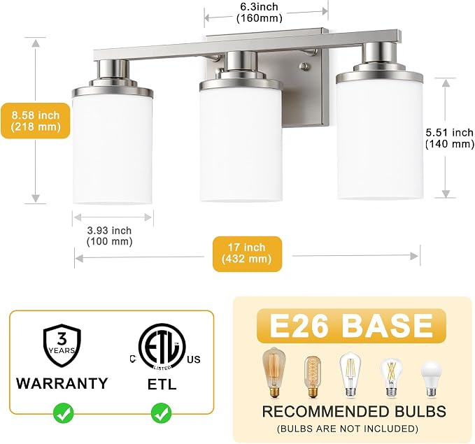 L LOHAS LED Brushed Nickel Bathroom Light Fixtures, 3-Light Vanity Light Over - Image 3