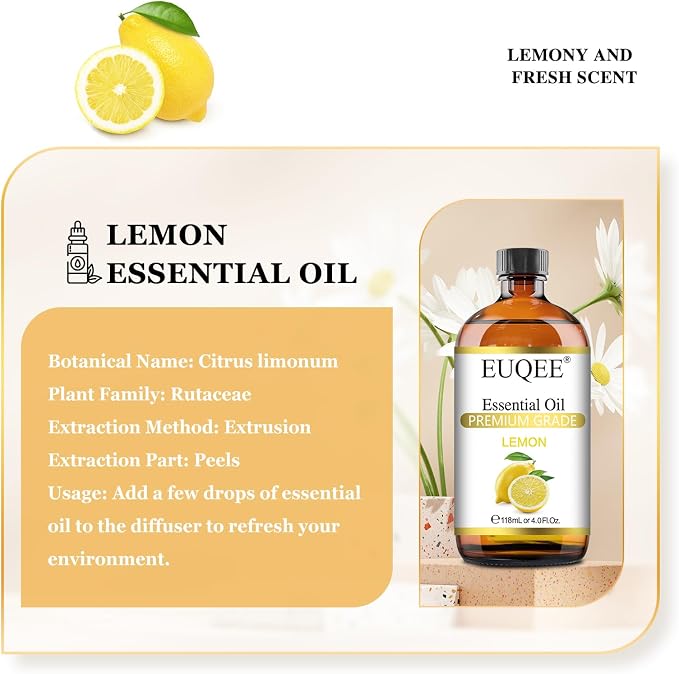 EUQEE Lemon Essential Oil with Glass Dropper, DIY Soap, Humidifier, Candle - Image 2