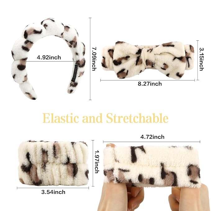 Beige Leopard Spa Headband and Wristband Set, Soft Elastic Face Washing - Image 6