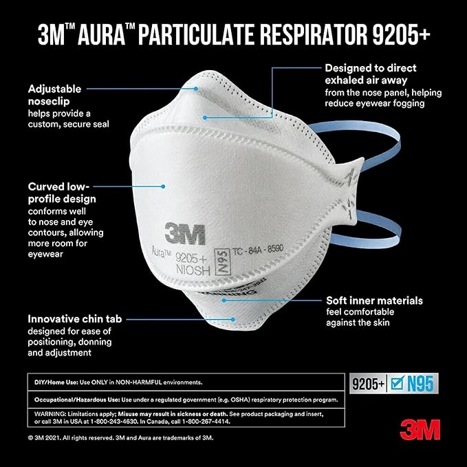 3M Aura Particulate Respirator 9205+ N95, Lightweight, 3 Panel Designed Helps - Image 3