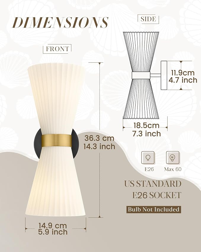 Indoor Wall Sconces, HWH Hardwired Black and Gold Bathroom Sconces Wall Lighting - Image 2