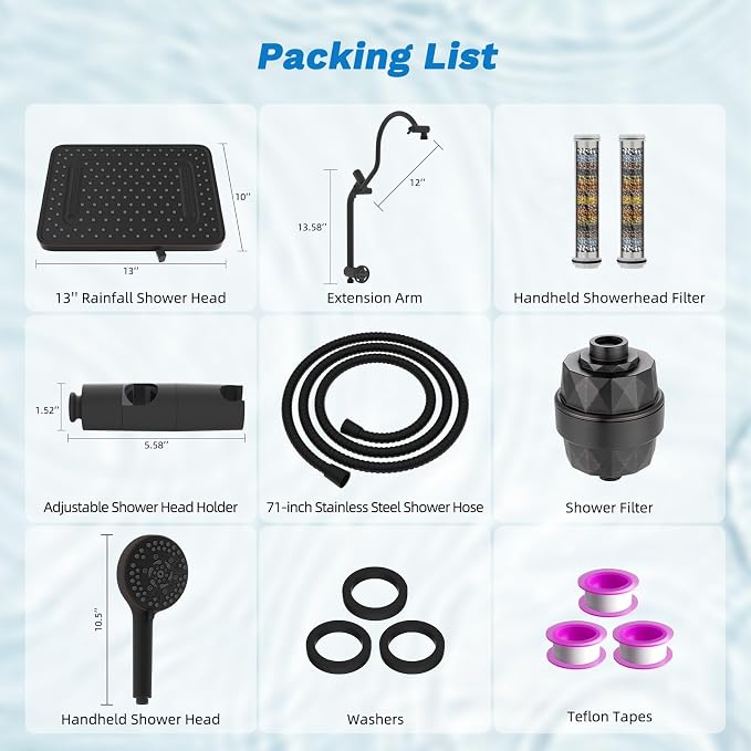 Hibbent 5-spray Dual Filtered Rainfall Shower Head Combo, High Pressure 13'' - Image 9