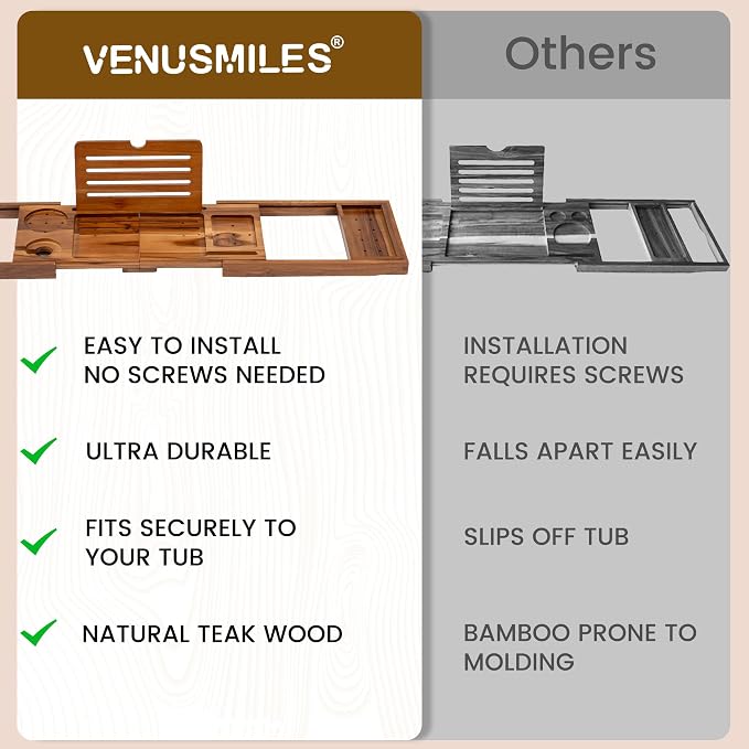 Venusmiles Teak Bathtub Tray Caddy, Foldable Bath Tray - Image 7