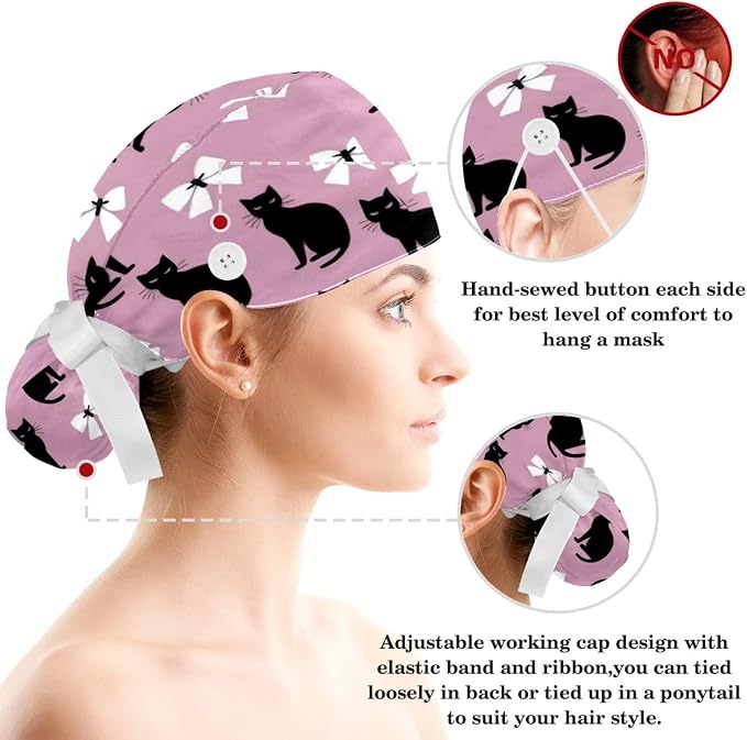 Scrub Caps Women Ponytail Cute Pink and White Leaves Caps Bouffant Working Hat - Image 3