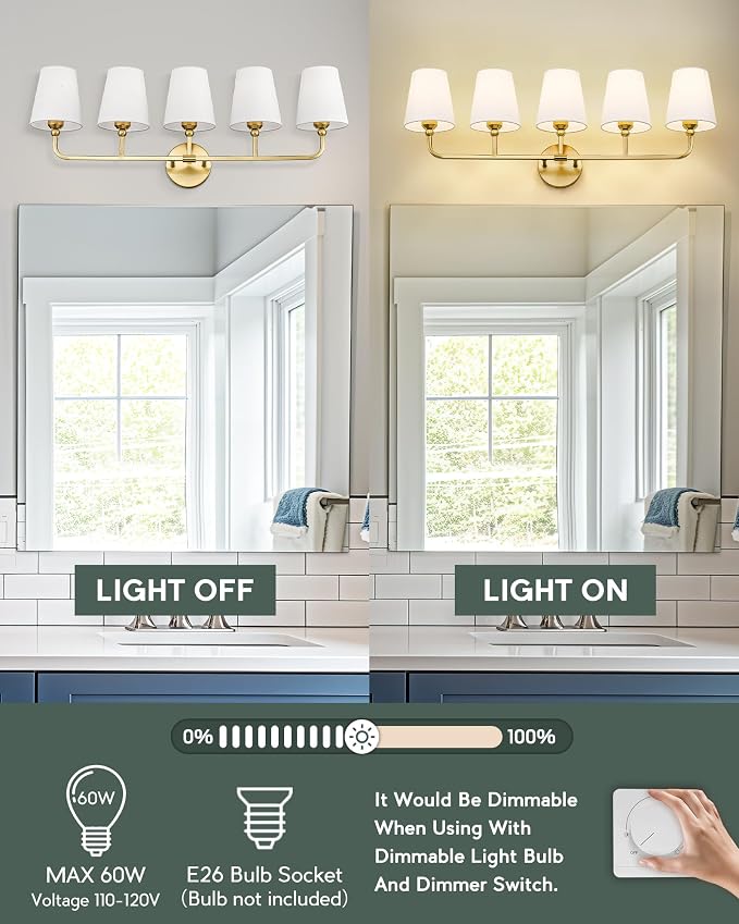 Bathroom Light Fixtures, 5 Light Brushed Gold Vanity Lights - Image 7