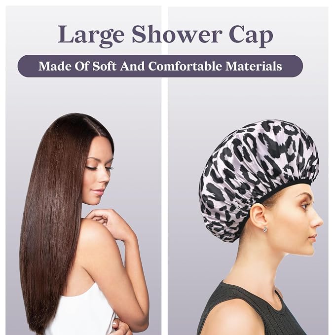 Pink Leopard Print Satin Shower Cap, Three-Layer Terry Cloth Lined, - Image 7