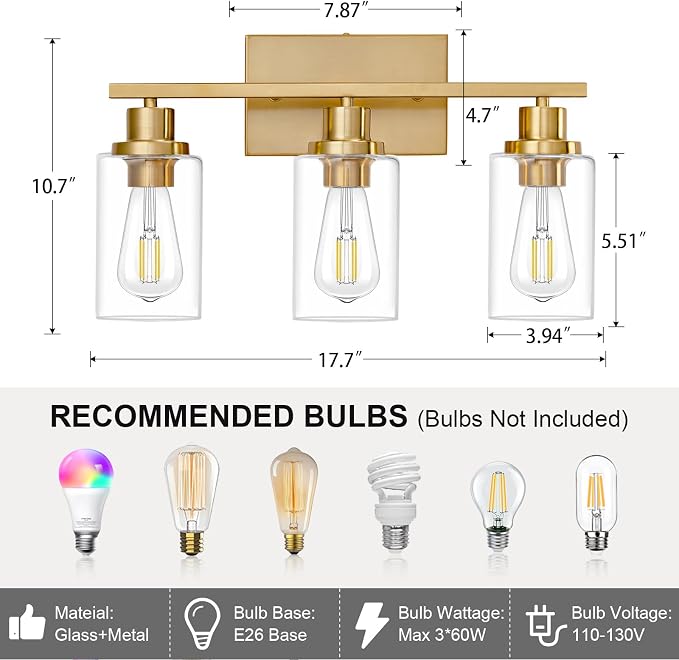 3 Light Bathroom Light Fixtures Brushed Brass Vanity Light Over Mirror Modern - Image 3