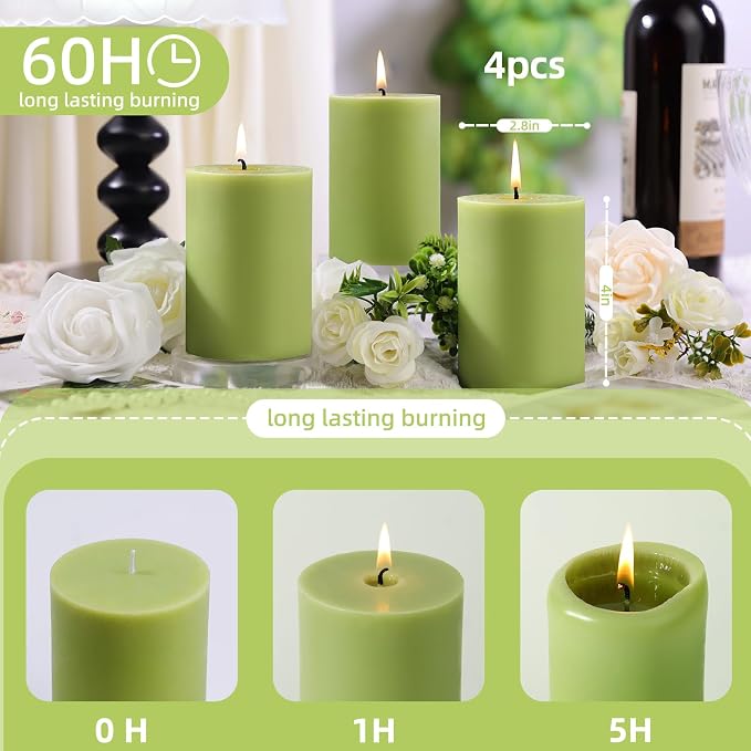 4 Pack Sage & White Tea Scented Pillar Candles-2.8x4 Inch Sage Green Soy Wax - Image 5