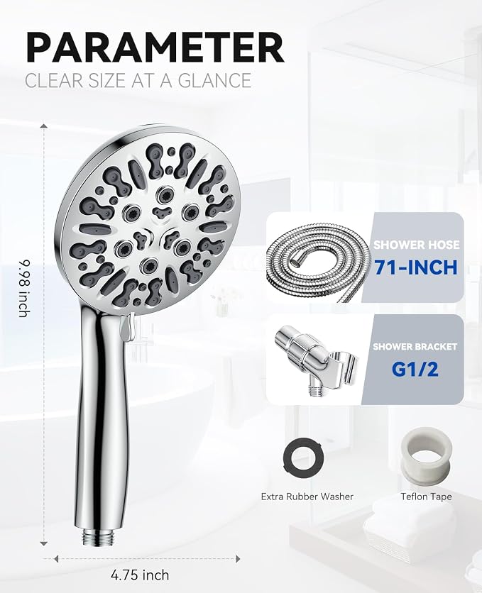 JDO Shower Head with Handheld, High Pressure Handheld Shower Head 9 Settings - Image 7