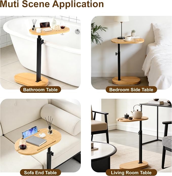 Bamboo Bathtub Side Table, 360° Swivel Height Adjustable Freestanding Bath - Image 7