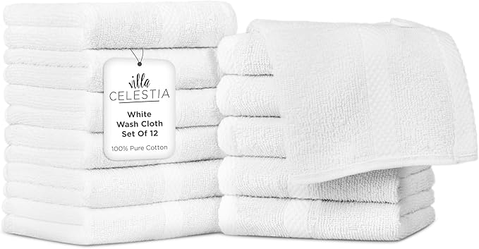 100% Cotton Wash Cloth for face & Body Set of 12, Sustainable, Highly Absorbent by VillaCelestia