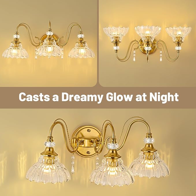 Vintage Bathroom Vanity Light, 3-Light Brushed Gold Finish Wall Sconce - Image 7