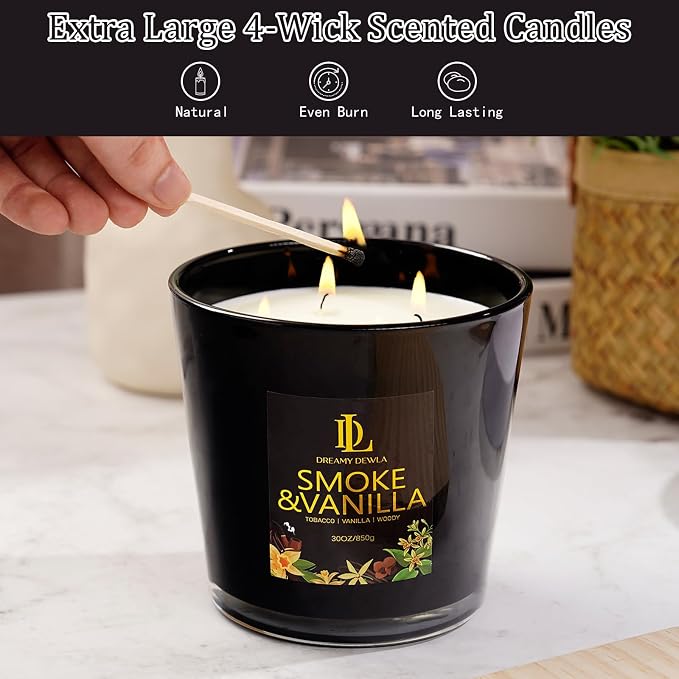 Smoke & Vanilla Scented Candle, Large 30oz Natural Soy Candles, 4-Wick 80 Hour - Image 4