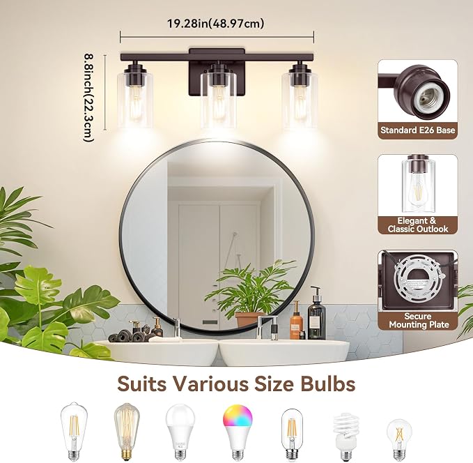3-Light Bathroom Light Fixtures, Classic Wall Light Fixture - Image 8