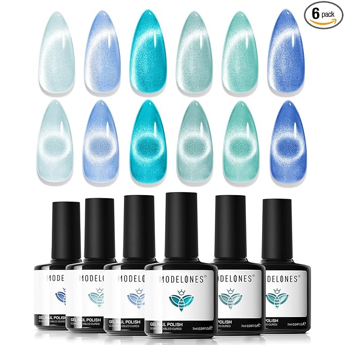 modelones Cat Eye Gel Nail Polish Set, 6 Colors Light Baby Blue Green 9D Cat by MODELONES
