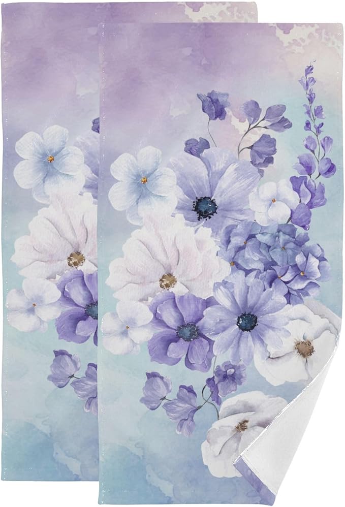 Purple White Violet Floral Hand Towels by Unknown