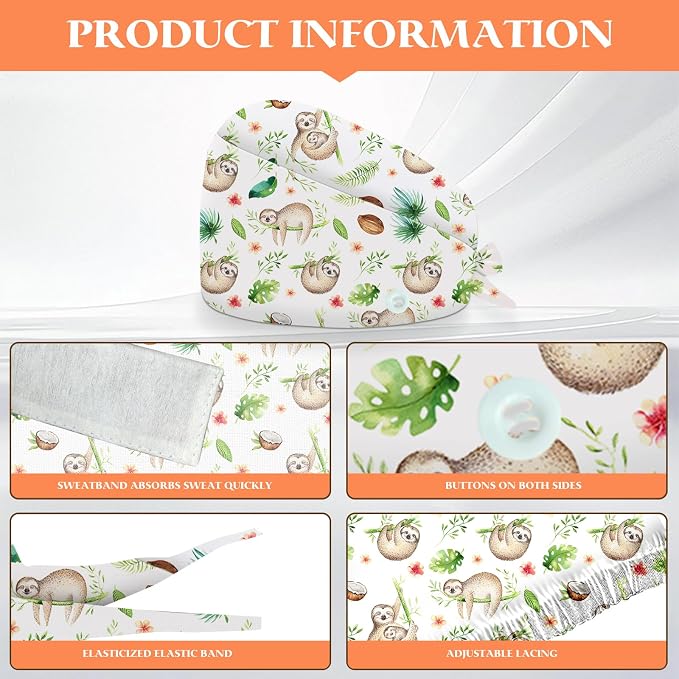 Adjustable Scrub Cap with Buttons & Sweatband, Working Hat with Elastic Tie Back - Image 2