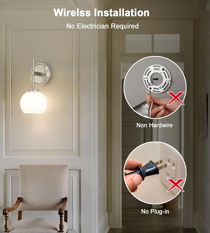 Brushed Nickel Battery Operated Wall Sconce Set of 2, Wireless Rechargeable - Image 4