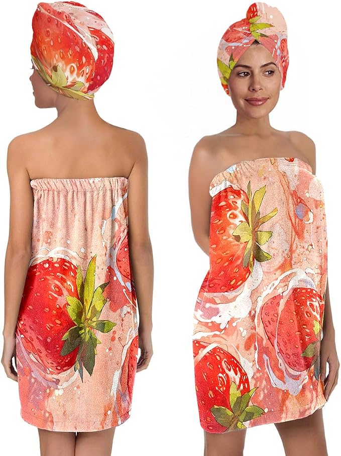 Women’s Strawberry Print Bath Towel and Hair Wrap Set, Soft Absorbent by QIULIBMH