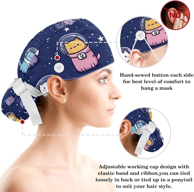 Scrub Caps Women Ponytail Cute Pink and White Leaves Caps Bouffant Working Hat - Image 3