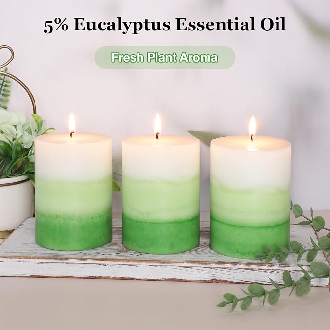 Pillar Candles 3x4 Inch Eucalyptus Scented Hand-Poured Layered Green Gradient - Image 2