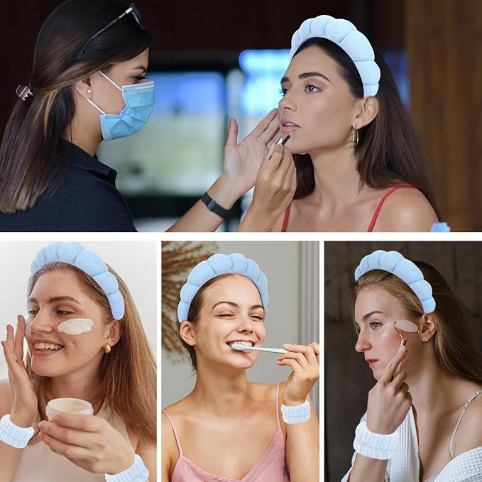 6Pcs Blue Spa Set, Skincare Wrist Washbands, Terry Cloth Headbands - Image 5