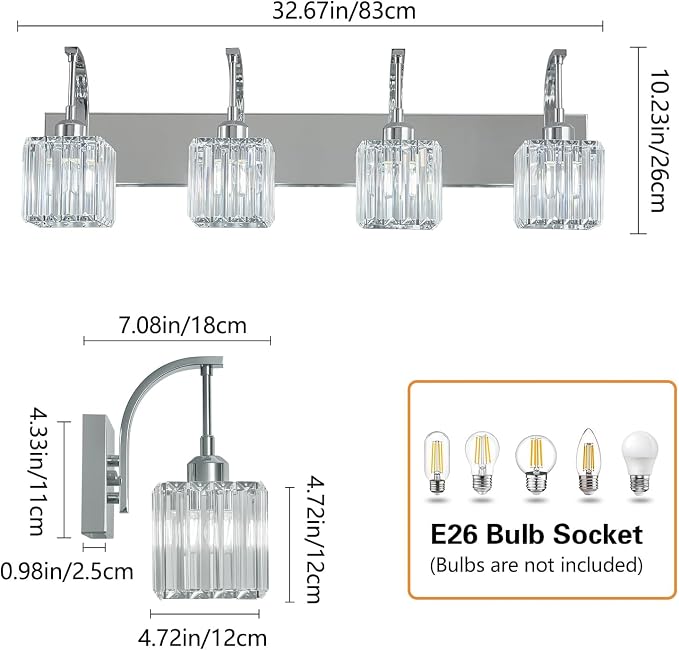 Crystal Vanity Lights 4-Light Chrome Bathroom Vanity Lights Modern Crystal - Image 4