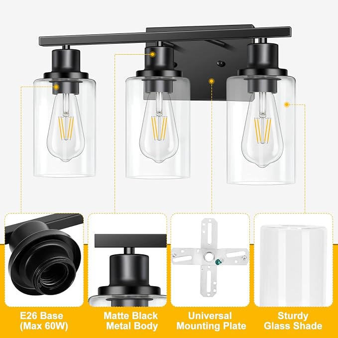 3-Light Vanity Light, Matte Black Bathroom Lighting Fixtures Over Mirror - Image 7