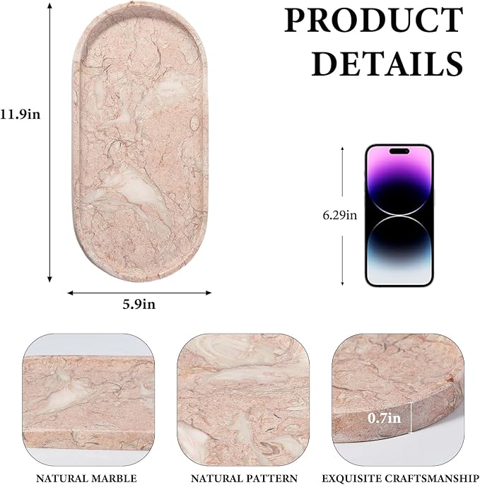 Koville Pink Marble Tray for Bathroom Countertop, Vanity Tray Stone Trays for - Image 5