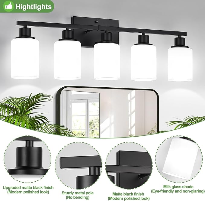 Indoi 5-Light Black Bathroom Vanity Light Fixture - Image 3