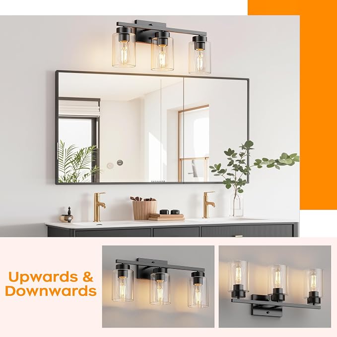 PARTPHONER 3-Light Bathroom Light Fixtures, Matte Black Vanity Light - Image 6