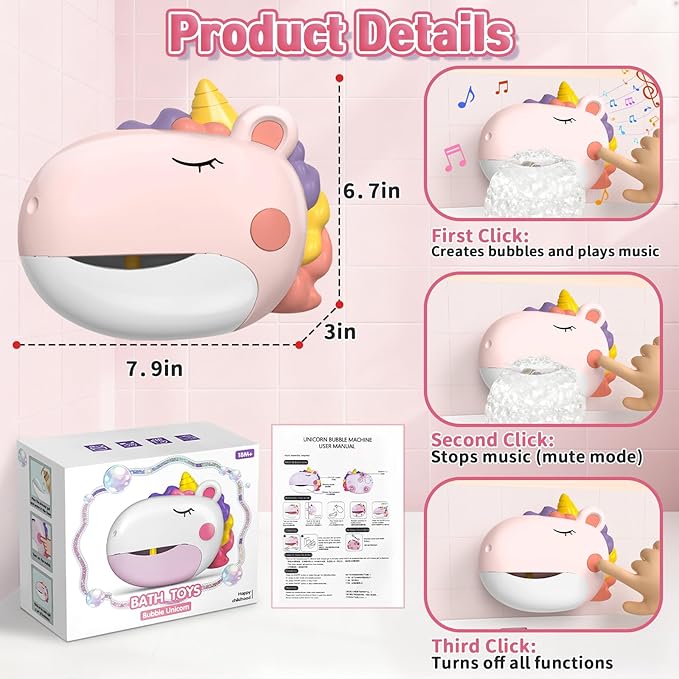 Infowush Baby Bath Toys, Unicorn Bath Bubble Machine Toddler Bath Toys - Image 7