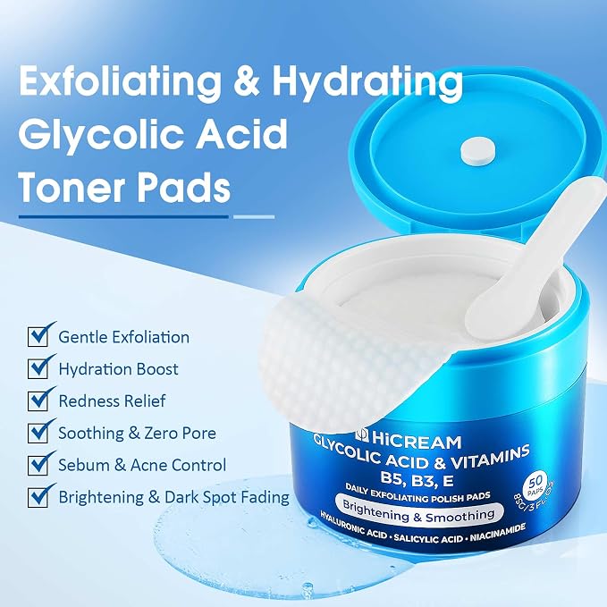 Hicream Glycolic Acid Pads, Dual-Textured Facial Exfoliating Toner - Image 2