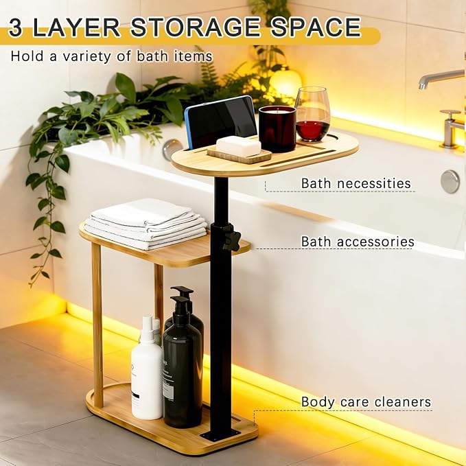 3-Tier Freestanding Bathtub Tray Table, Adjustable Bamboo Bath Caddy - Image 4