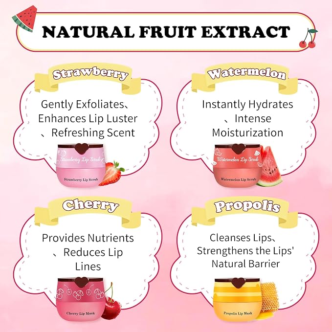 4PCS Lip Scrub and Mask Set, Cherry and Honey Pot Lip Balm, Strawberry and - Image 5