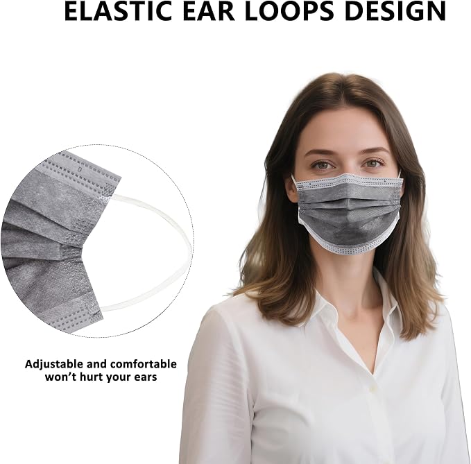 akgk 100PCS Grey Disposable Face Masks, 3-Ply Breathable Grey Face Mask - Image 4