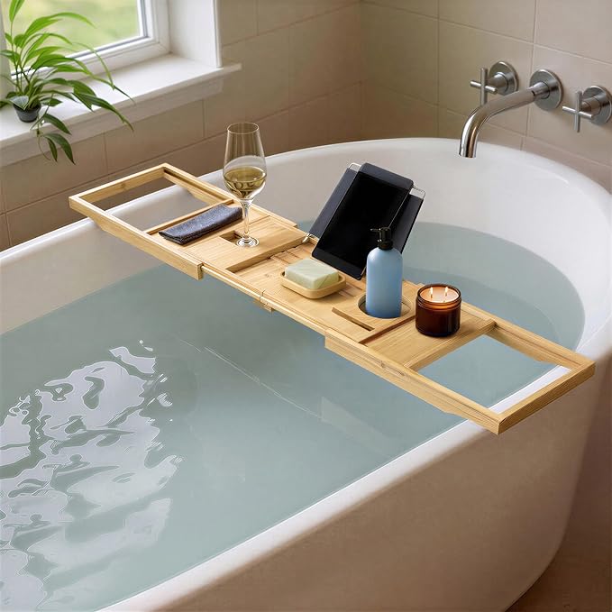 Amazon Basics Expandable Bamboo Bathtub Tray Caddy, 29.5-43 in, Spa Bath - Image 4