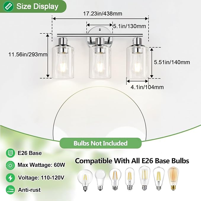 Zarbitta 3-Light Bathroom Light Fixtures, Chrome Bathroom Wall Light - Image 8
