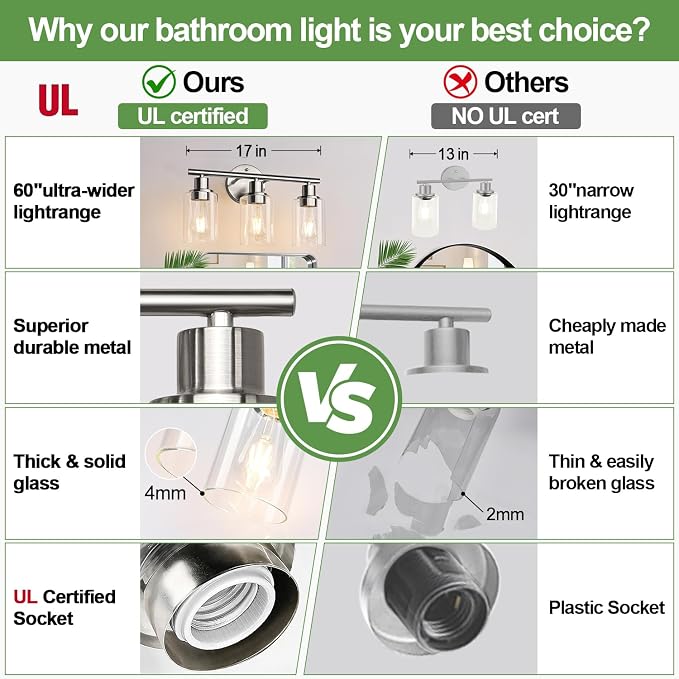 Zarbitta 3-Light Bathroom Light Fixtures, Brushed Nickel Vanity Light, - Image 2