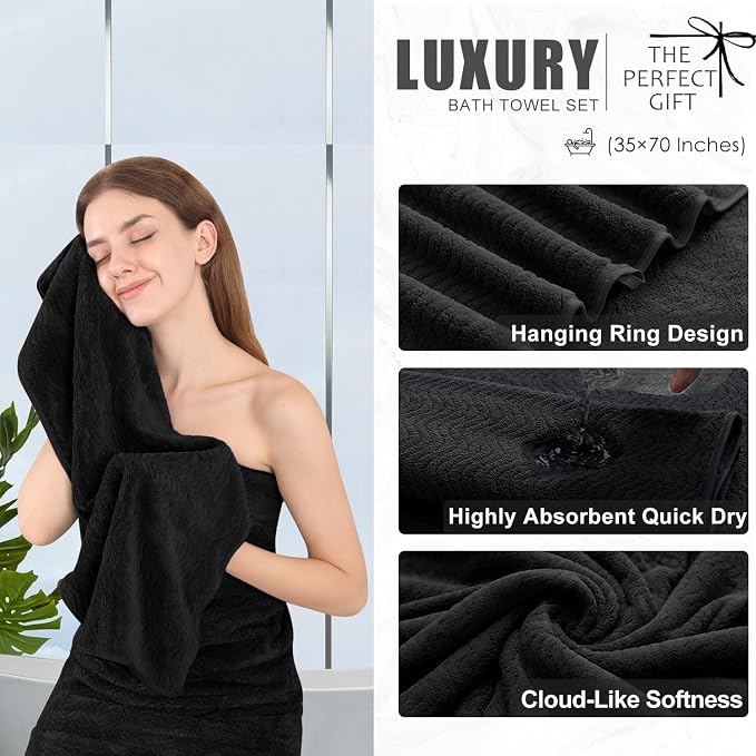 8 Piece Bath Towel Set Black|2 Oversized Large Bath Sheet, 2 Hand Towels - Image 2